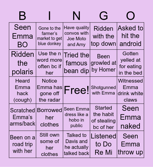 Emma Smallwood Bingo Card