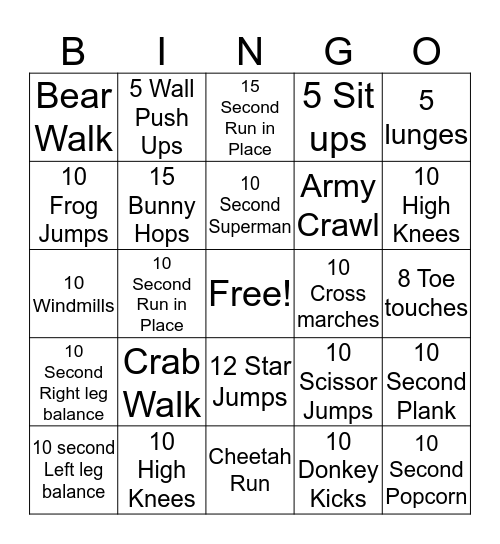 Gross Motor Bingo Card