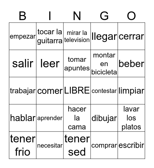 Verbos Bingo Card