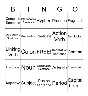 Language Arts Bingo Card