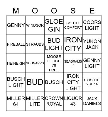 Moose Bar Bingo Card