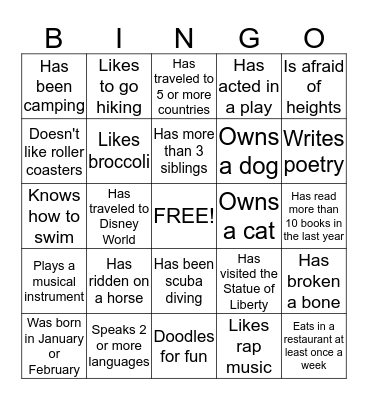 Getting to Know You Bingo Card