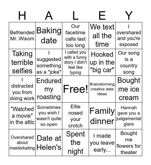 Haley's Ex Bingo Card