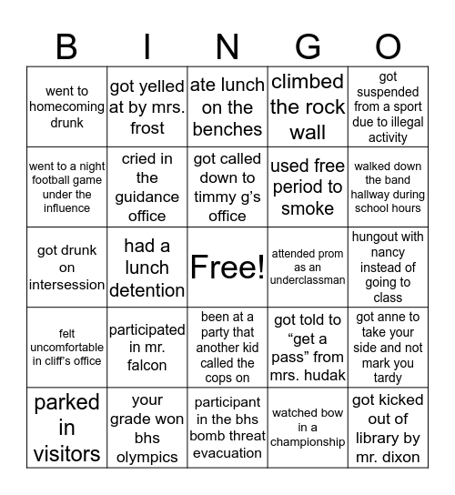 Bow High School Bingo Card