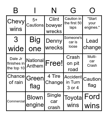 NASCAR IRacing Event Bingo Card