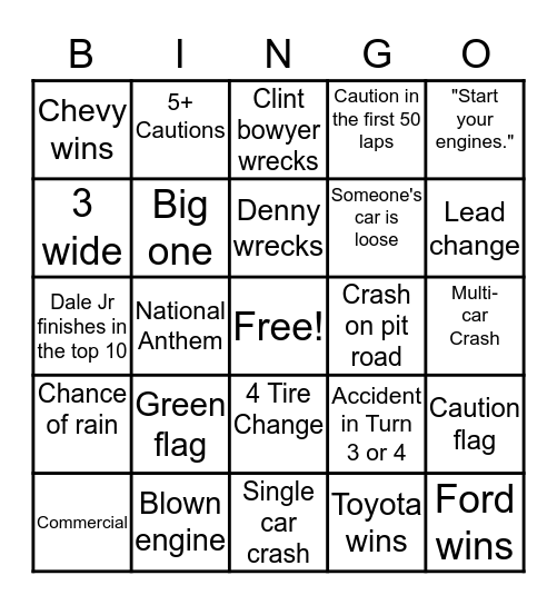 NASCAR IRacing Event Bingo Card