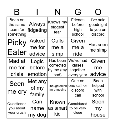 Braden’s Bingo Card
