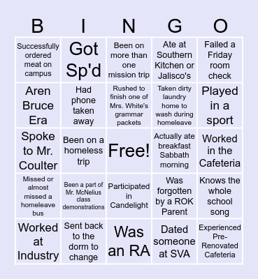 Shenandoah Valley Academy Bingo Card