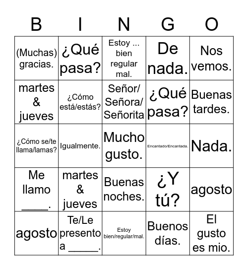 español : exam review/unit 1 Bingo Card