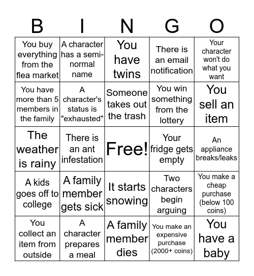 Virtual Family Bingo Card