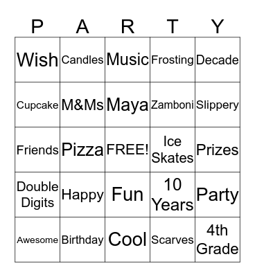 Maya's Birthday Bingo Card
