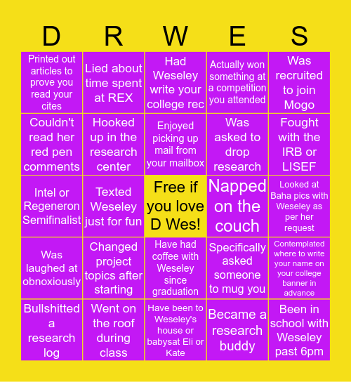 RHS Research Bingo Card