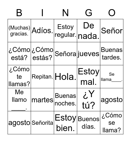 español : exam review/unit 1 Bingo Card