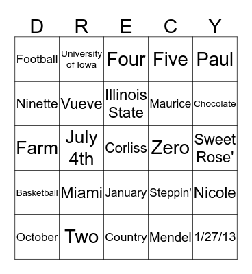Tracy and Andre Bridal Bingo Card