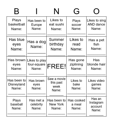 People Bingo--Getting to Know You Bingo Card