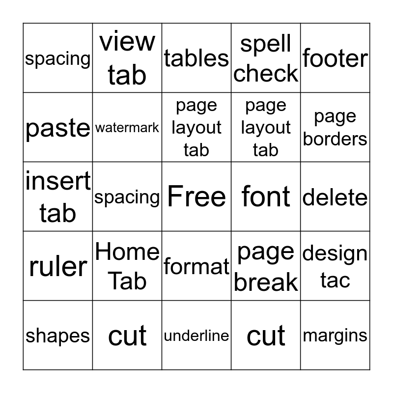 Microsoft Word Bingo Card