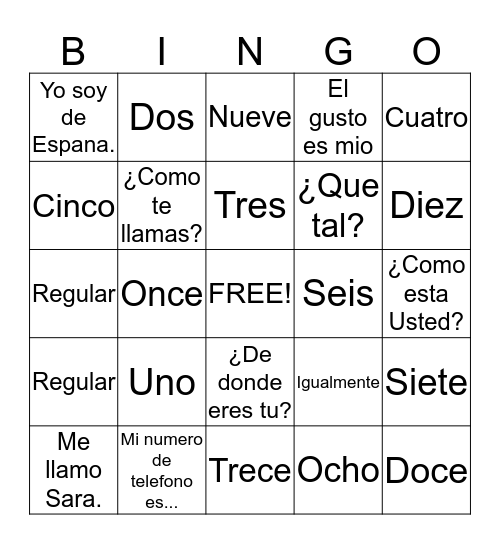 Bingo en Espanol Bingo Card