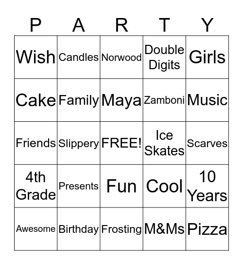 Maya's Birthday Bingo Card