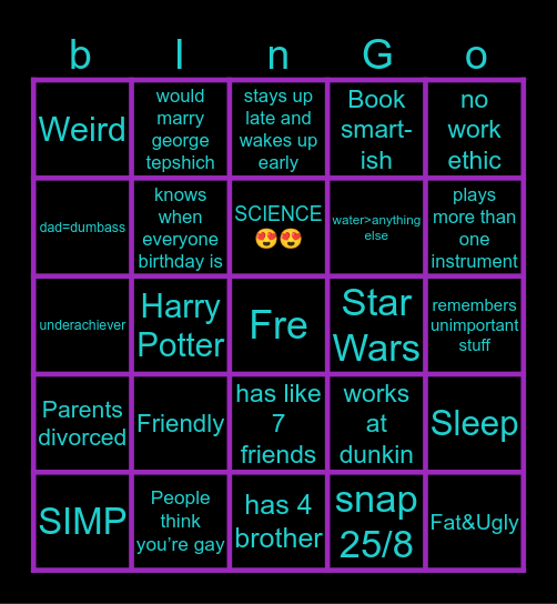 Noah’s Bingo Card