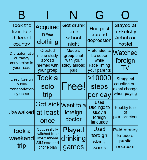 ~Study Abroad~ Bingo Card