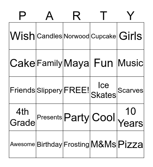 Maya's Birthday Bingo Card