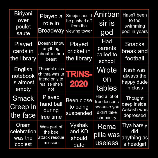 TRINS- batch of 2020 Bingo Card