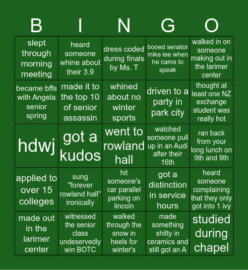 Rowland Hall Bingo Card