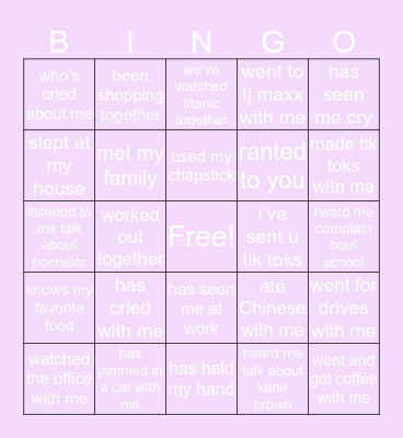 elizabeth Bingo Card