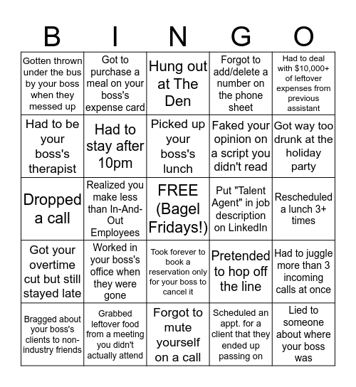 Hollywood Assistant Bingo Card