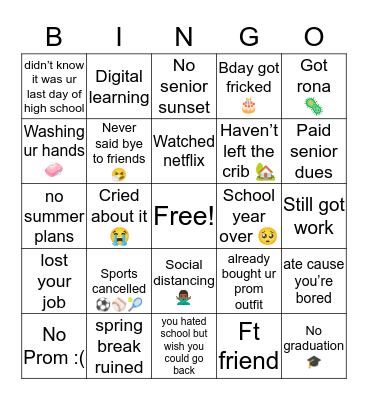 Senior Year 2020 💩 Bingo Card