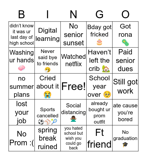 Senior Year 2020 💩 Bingo Card
