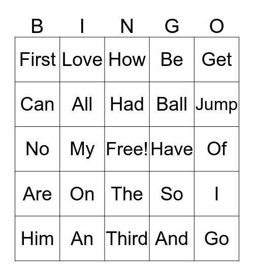 Sight words Bingo Card