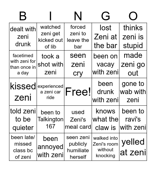 friends with zeni bingo Card