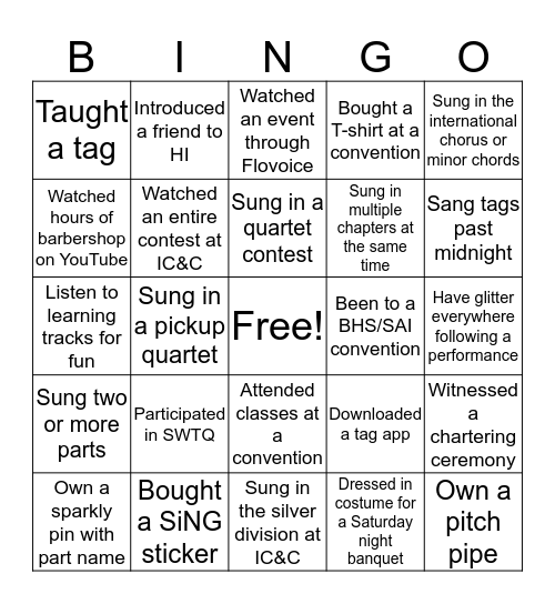 Harmony, Inc. Bingo! Bingo Card