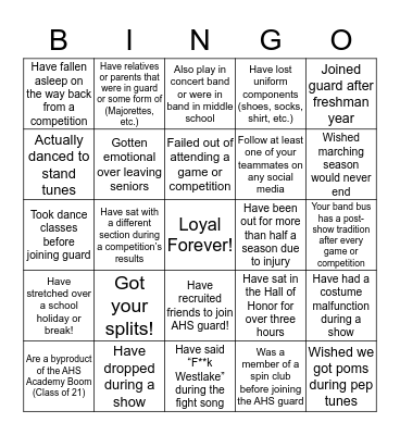 AHS Color Guard Bingo! Bingo Card