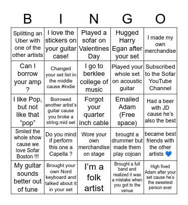 Sofar Boston Artist Bingo Card