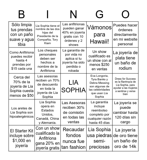 CONOCIENDO SOBRE LIA SOPHIA Bingo Card