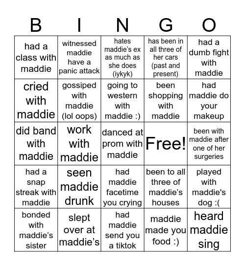 Maddie’s Bingo🤪 Bingo Card