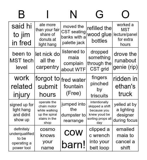 Shop Crew Bingo Card