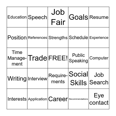 Vocational Skills Bingo Card