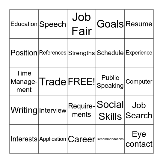 Vocational Skills Bingo Card