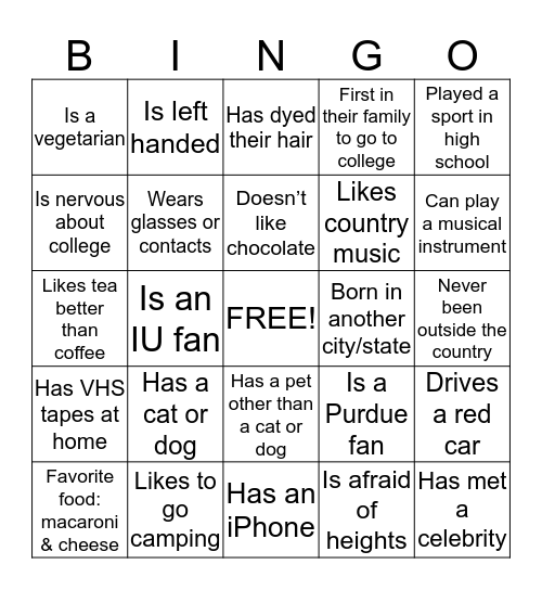 IUPUC FYS Bingo Card