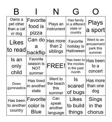 Getting to Know You Bingo Card