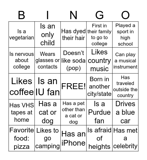 IUPUC FYS Bingo Card