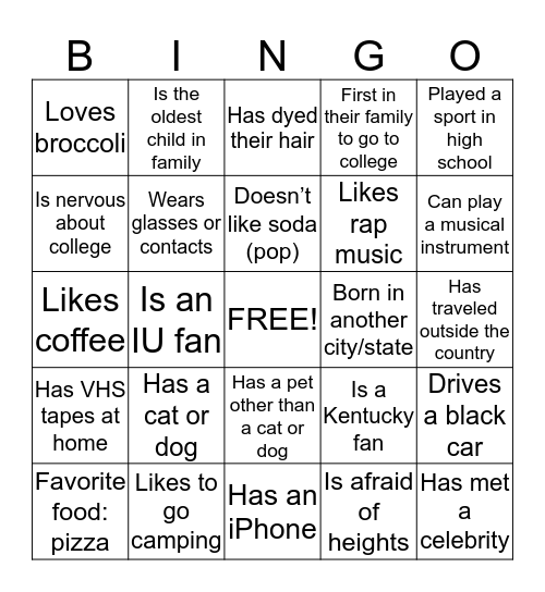 IUPUC FYS Bingo Card