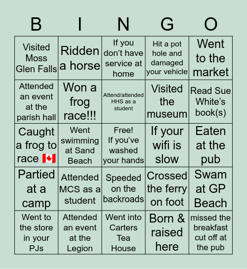Kingston Bingo Card