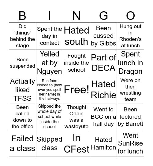 TFSS Bingo Card
