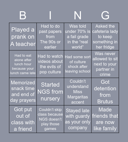 New Guyana School Bingo Card