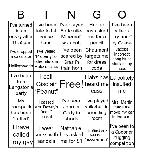 SBHS Bingo (SR. Honors) Bingo Card
