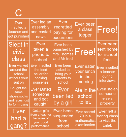 Climax College Edition Bingo Card